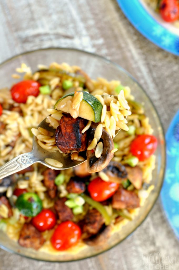 Grilled Balsamic Chicken and Vegetable Orzo - My Suburban Kitchen