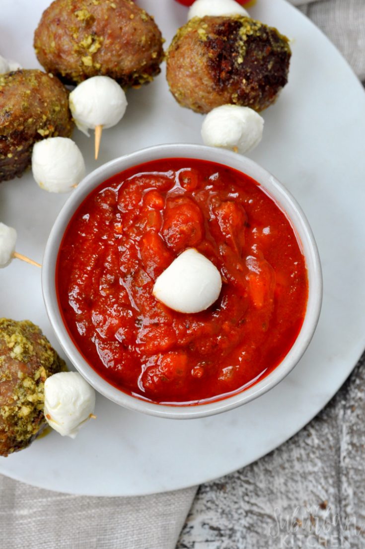 Caprese Meatball Skewers with Spicy Marinara - My Suburban Kitchen
