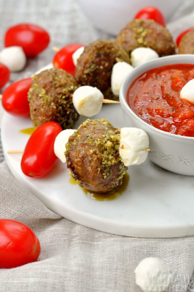 Caprese Meatball Skewers with Spicy Marinara - My Suburban Kitchen